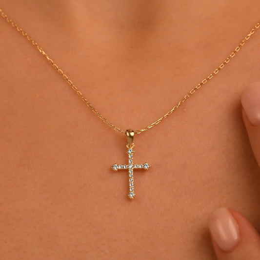 18k Solid Gold Natural Diamond Cross Necklace, 14k Christian Faith Pendant, Religious Diamond Necklace, Dainty Cross Necklace for Women