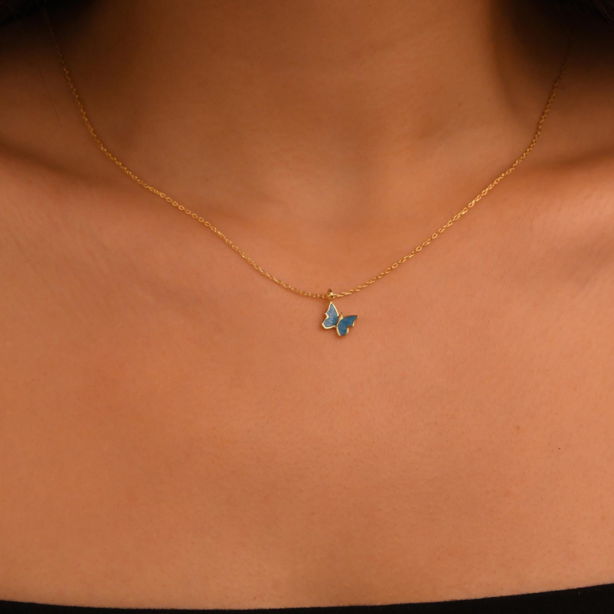 18k Solid Gold Butterfly Necklace, 14k Enamel Butterfly Gold Necklace, Dainty Butterfly Necklace, Butterfly Pendant, Daily Butterfly Pendant