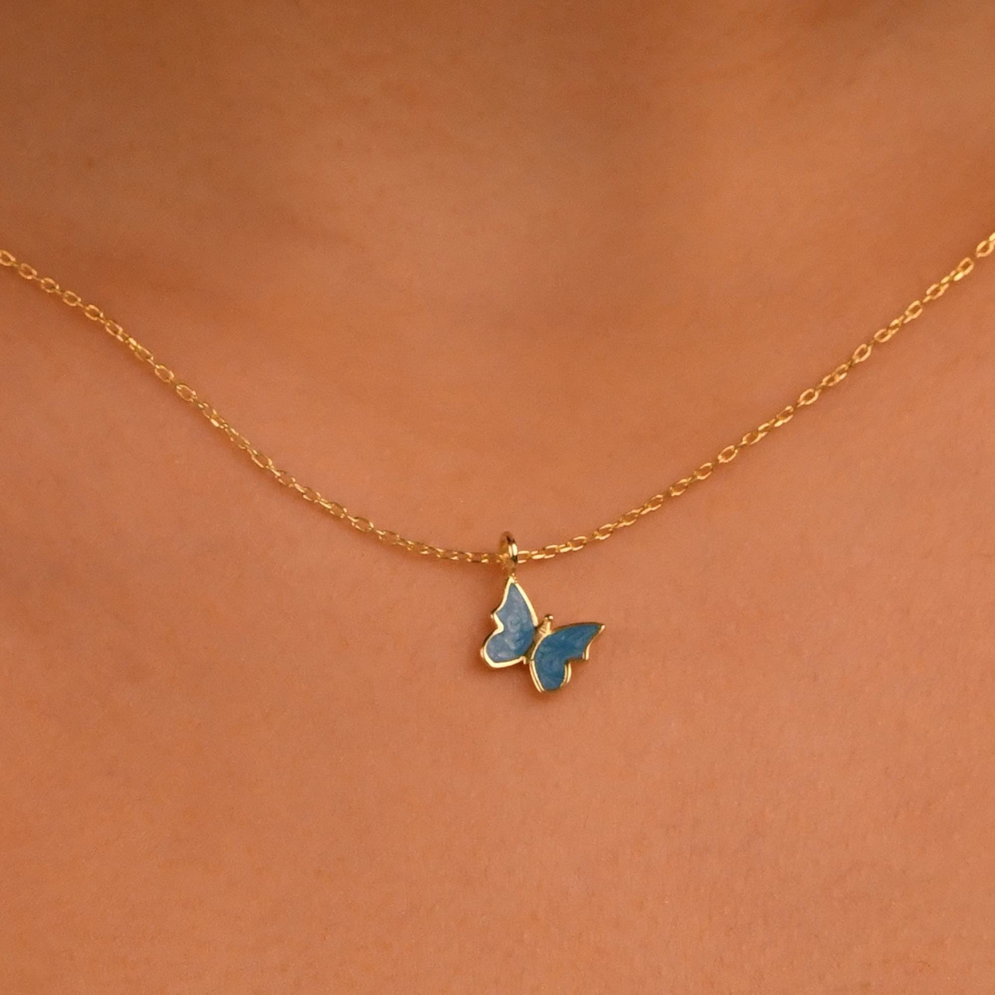 18k Solid Gold Butterfly Necklace, 14k Enamel Butterfly Gold Necklace, Dainty Butterfly Necklace, Butterfly Pendant, Daily Butterfly Pendant