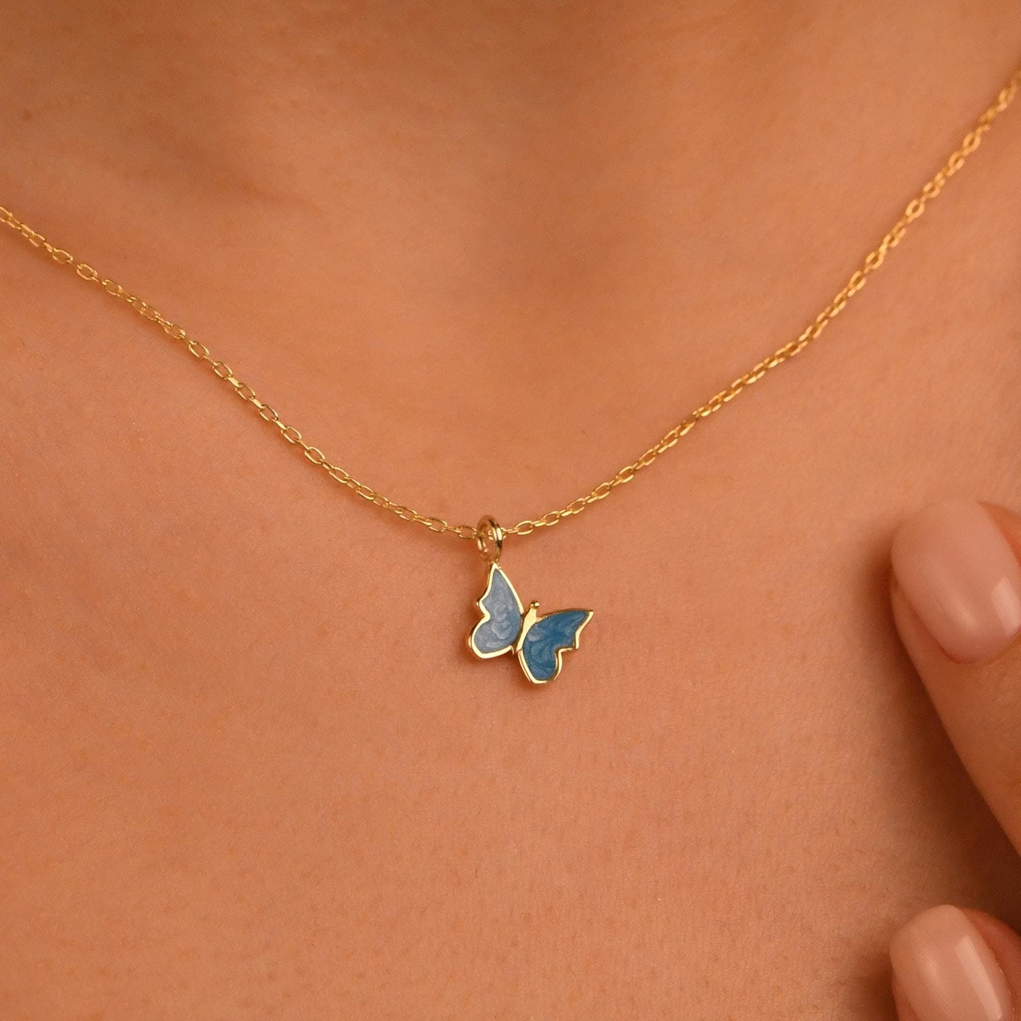 18k Solid Gold Butterfly Necklace, 14k Enamel Butterfly Gold Necklace, Dainty Butterfly Necklace, Butterfly Pendant, Daily Butterfly Pendant