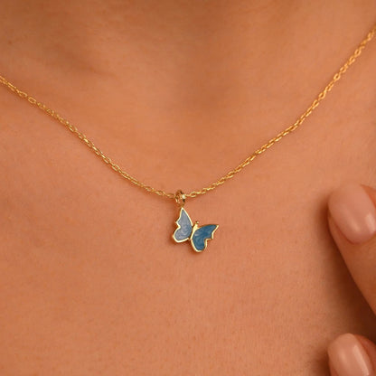 18k Solid Gold Butterfly Necklace, 14k Enamel Butterfly Gold Necklace, Dainty Butterfly Necklace, Butterfly Pendant, Daily Butterfly Pendant