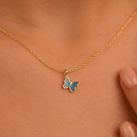 18k Solid Gold Butterfly Necklace, 14k Enamel Butterfly Gold Necklace, Dainty Butterfly Necklace, Butterfly Pendant, Daily Butterfly Pendant