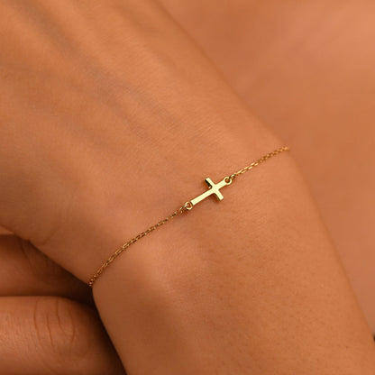 18k Gold Cross Bracelet, 14k Gold Cross Bracelet, Cross Bracelet for Women, Dainty Religious Bracelet, Cross Jewelry, Christian Bracelet
