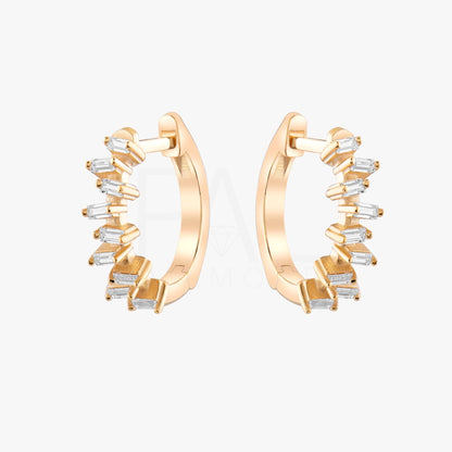 18k Solid Gold Diamond Baguette Earrings, Diamond Hoop Baguette Earrings, 14k Solid Gold Dainty Huggies, Everyday Earrings, Gold Earrings