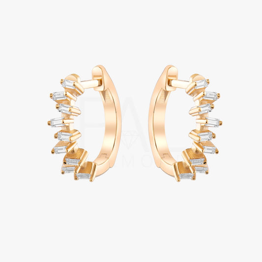 18k Solid Gold Diamond Baguette Earrings, Diamond Hoop Baguette Earrings, 14k Solid Gold Dainty Huggies, Everyday Earrings, Gold Earrings