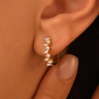 18k Solid Gold Diamond Baguette Earrings, Diamond Hoop Baguette Earrings, 14k Solid Gold Dainty Huggies, Everyday Earrings, Gold Earrings