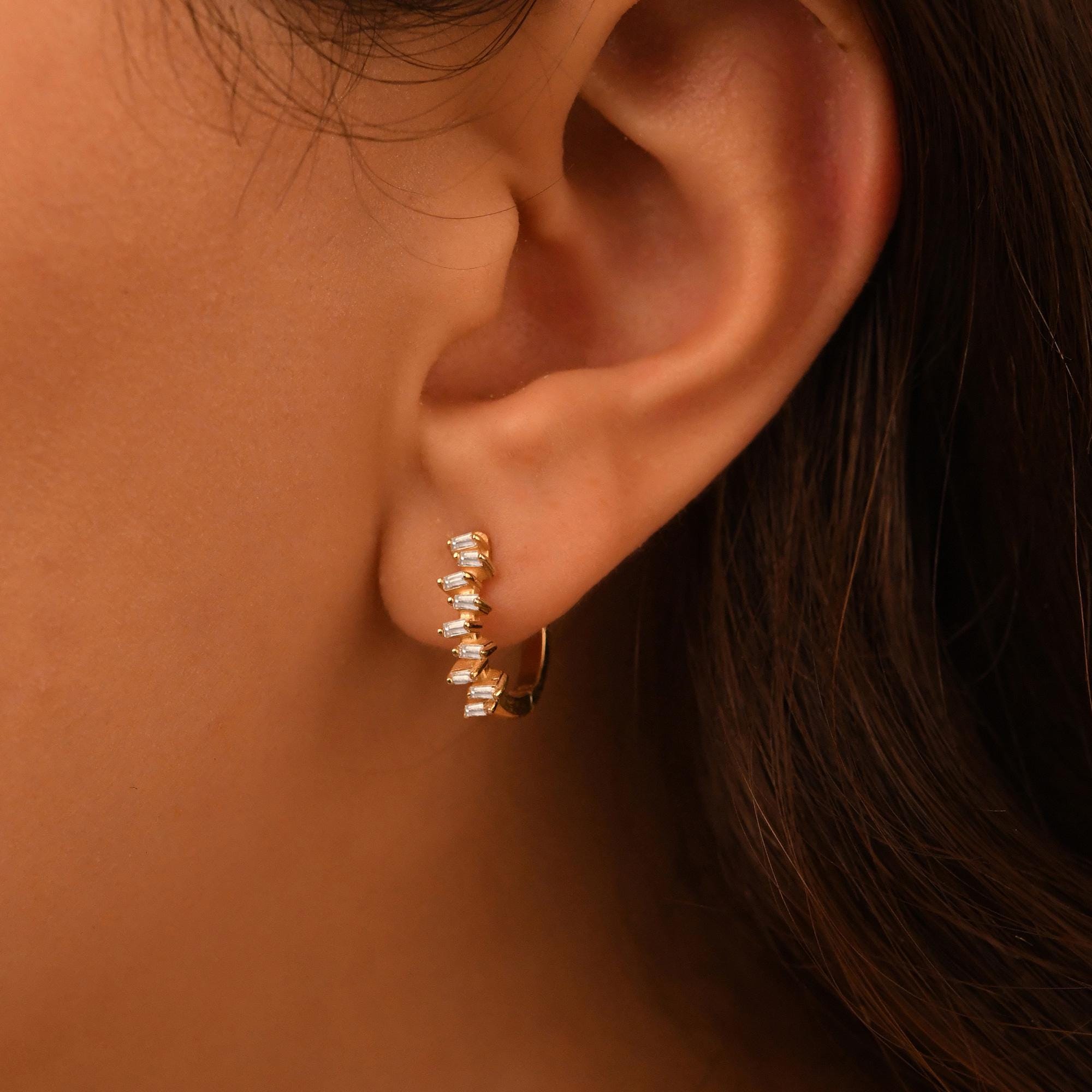 18k Solid Gold Diamond Baguette Earrings, Diamond Hoop Baguette Earrings, 14k Solid Gold Dainty Huggies, Everyday Earrings, Gold Earrings