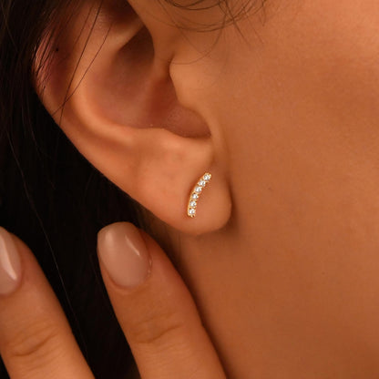 Diamond Curved Earrings, 18k Solid Gold Diamond Curved Earrings, 14k Solid Gold Diamond Curved Bar Earrings, Mini Diamond Stud Earrings