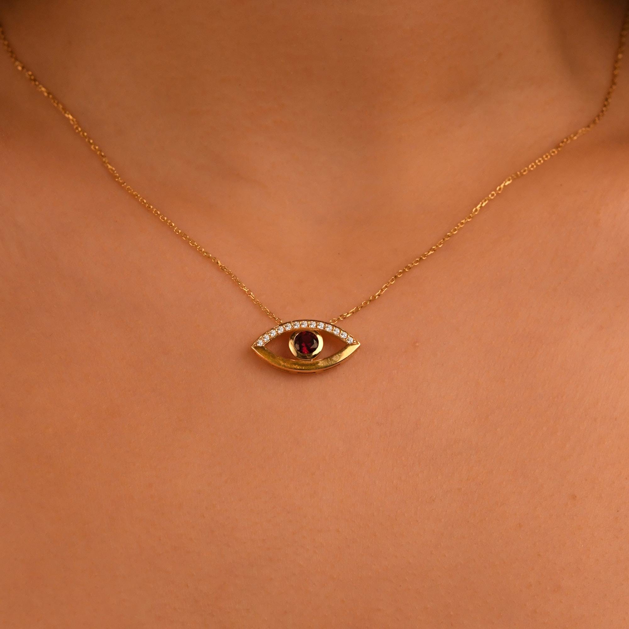 18k Diamond Evil Eye Ruby Necklace, 14k Solid Gold Sapphire Evil Eye Necklace, Emerald Evil Eye Necklace, Nazar Necklace, Evil Eye Jewelry