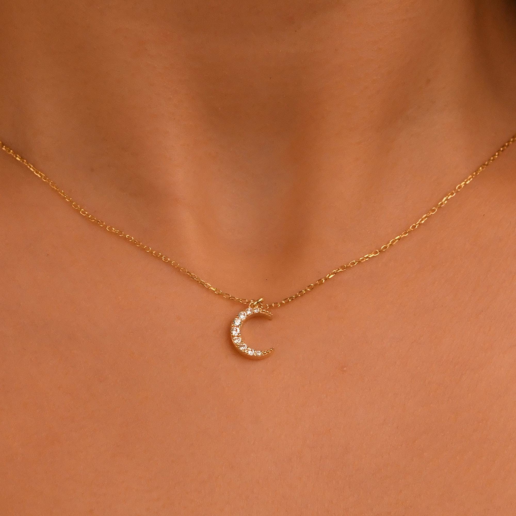 18k Solid Gold Diamond Crescent Necklace, 14k Diamond Moon Necklace, Mini Crescent Pendant, Dainty Crescent Necklace, Celestial Necklace