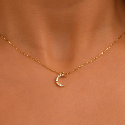 18k Solid Gold Diamond Crescent Necklace, 14k Diamond Moon Necklace, Mini Crescent Pendant, Dainty Crescent Necklace, Celestial Necklace