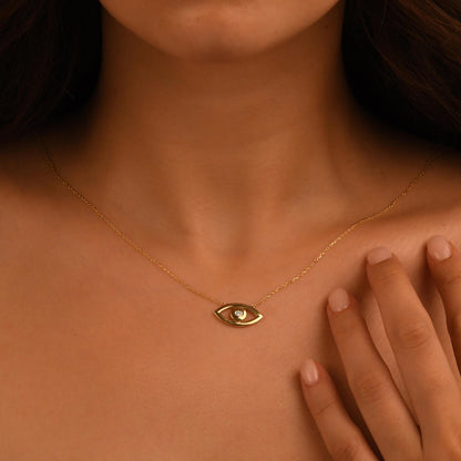 18k Gold Diamond Evil Eye Big Size Necklace, 14k Solid Gold Evil Eye Necklace, Diamond Nazar Hamsa Good Luck Necklace, Evil Eye Pendant