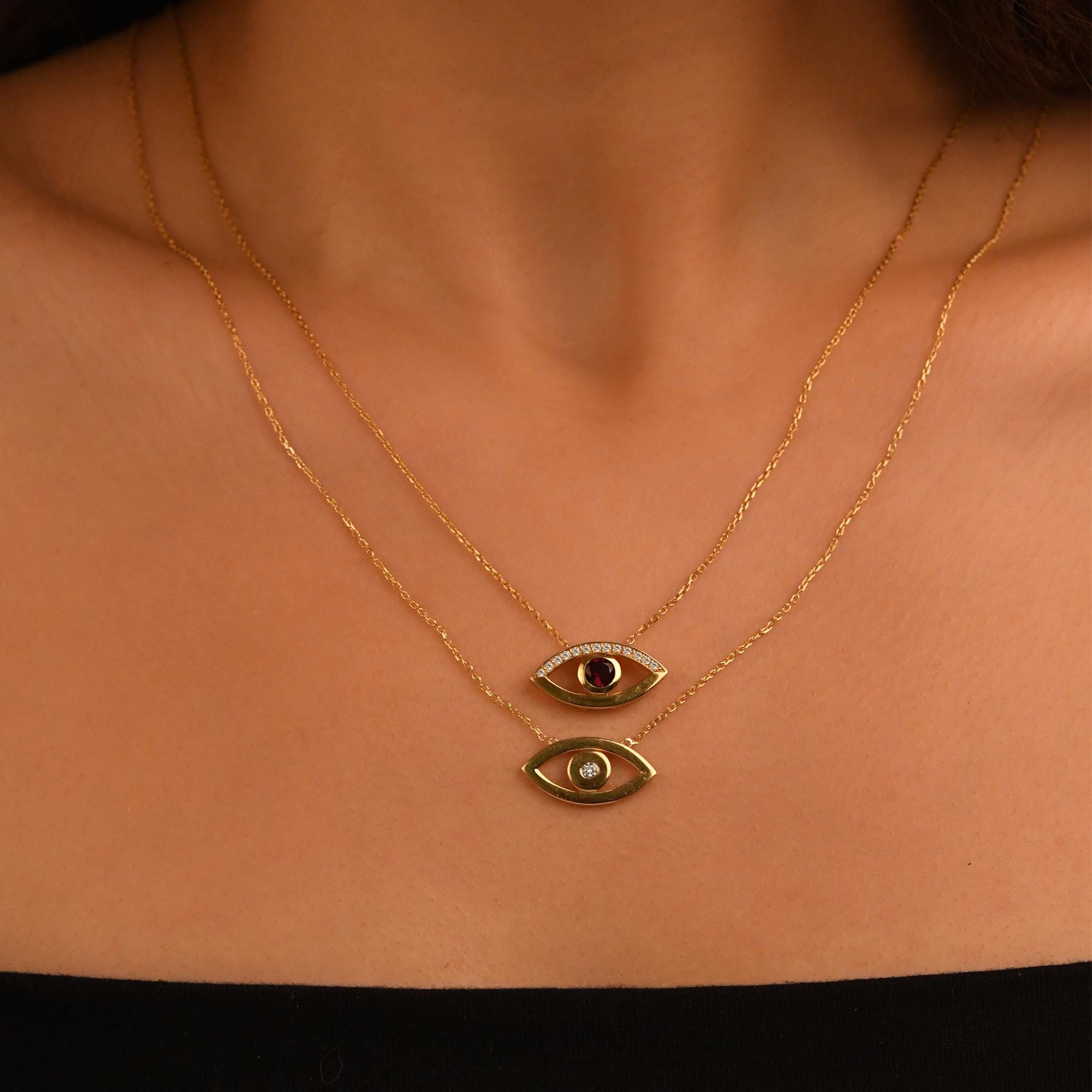 18k Gold Diamond Evil Eye Big Size Necklace, 14k Solid Gold Evil Eye Necklace, Diamond Nazar Hamsa Good Luck Necklace, Evil Eye Pendant