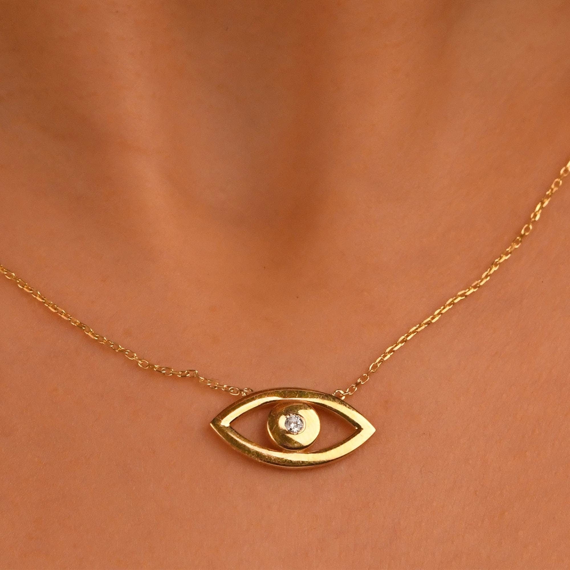 18k Gold Diamond Evil Eye Big Size Necklace, 14k Solid Gold Evil Eye Necklace, Diamond Nazar Hamsa Good Luck Necklace, Evil Eye Pendant