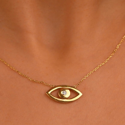 18k Gold Diamond Evil Eye Big Size Necklace, 14k Solid Gold Evil Eye Necklace, Diamond Nazar Hamsa Good Luck Necklace, Evil Eye Pendant