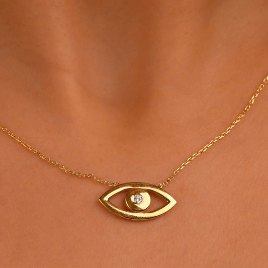 18k Gold Diamond Evil Eye Big Size Necklace, 14k Solid Gold Evil Eye Necklace, Diamond Nazar Hamsa Good Luck Necklace, Evil Eye Pendant