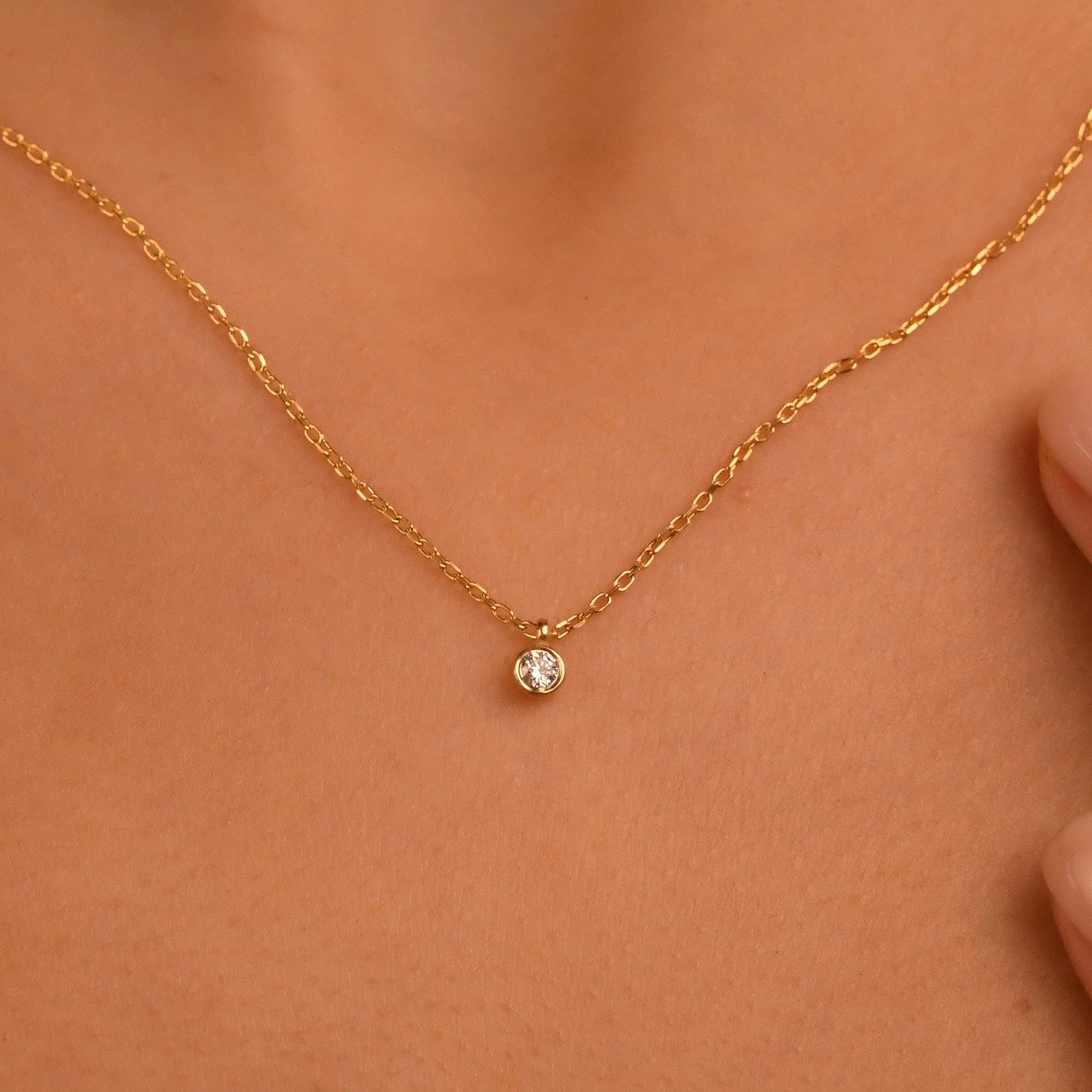 18k Diamond 0.08 Carat Solitaire Neklace, 14k Gold Dainty Diamond Solitaire Necklace, Bezel Setting Solitaire Necklace, Bridal Necklace