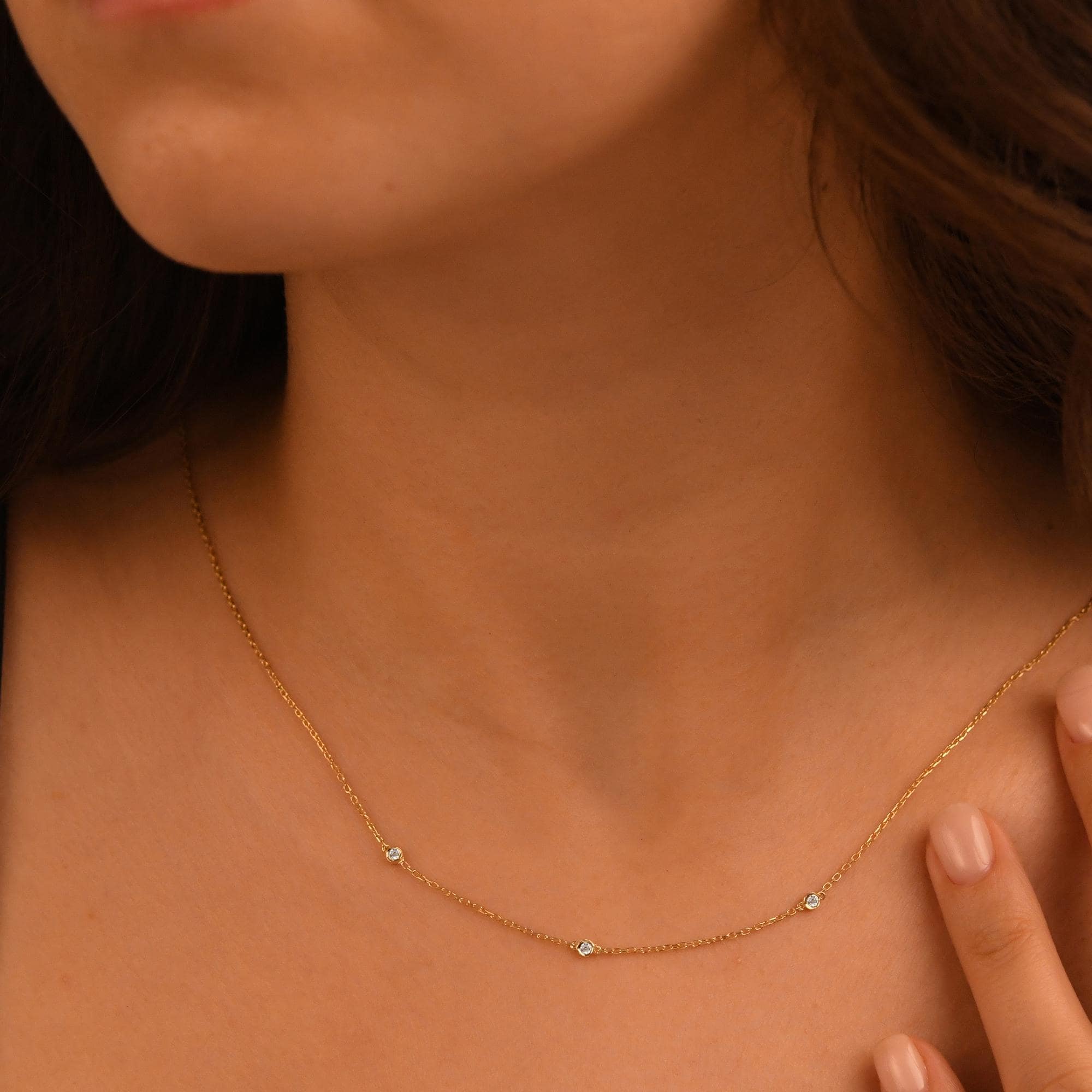 18k Diamond Solitaire Necklace, 14k Solid Gold 3 Stones Diamond Necklace, Bezel Setting Solitaire Diamond Necklace, Solitaire Gold Necklace