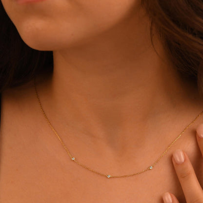 18k Diamond Solitaire Necklace, 14k Solid Gold 3 Stones Diamond Necklace, Bezel Setting Solitaire Diamond Necklace, Solitaire Gold Necklace