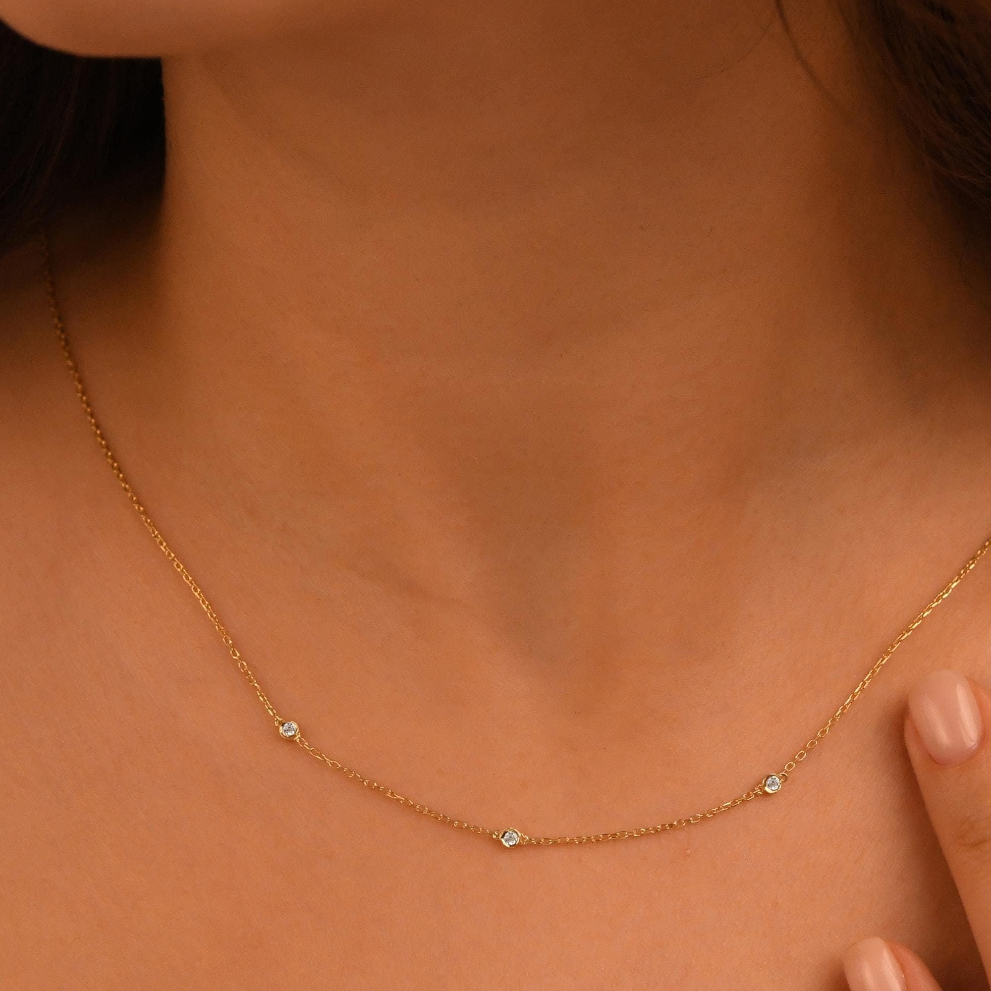 18k Diamond Solitaire Necklace, 14k Solid Gold 3 Stones Diamond Necklace, Bezel Setting Solitaire Diamond Necklace, Solitaire Gold Necklace