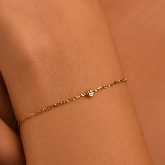 18k Solid Gold Bezel Setting Solitaire Diamond Bracelet, Solitaire Bracelet for Women, 14k Real Gold Bracelet, Natural Diamond Bracelet