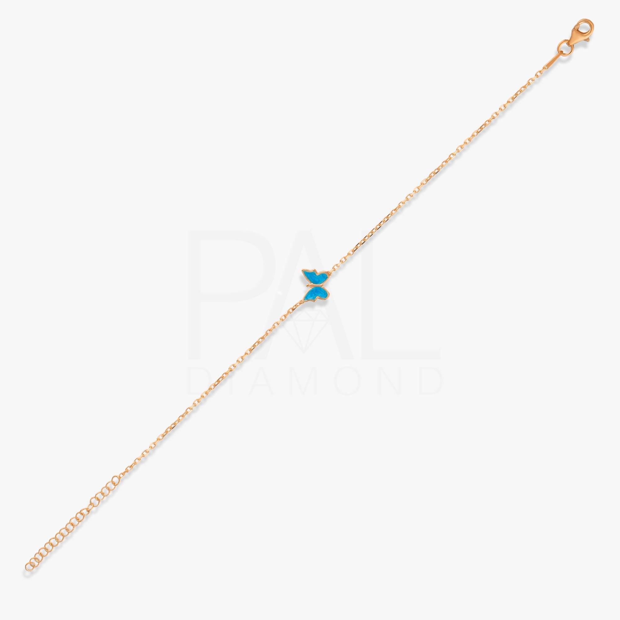 18k Solid Gold Butterfly Bracelet, 14k Gold Blue Butterfly Bracelet, Colorful Enamel Handmade Gold Bracelet, Dainty Real Gold Bracelet
