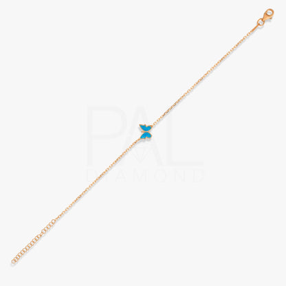 18k Solid Gold Butterfly Bracelet, 14k Gold Blue Butterfly Bracelet, Colorful Enamel Handmade Gold Bracelet, Dainty Real Gold Bracelet