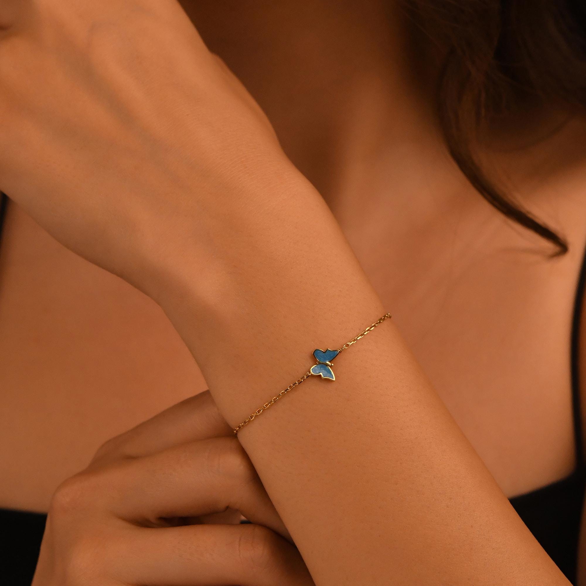 18k Solid Gold Butterfly Bracelet, 14k Gold Blue Butterfly Bracelet, Colorful Enamel Handmade Gold Bracelet, Dainty Real Gold Bracelet
