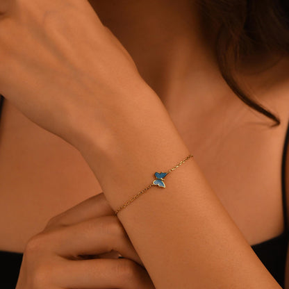 18k Solid Gold Butterfly Bracelet, 14k Gold Blue Butterfly Bracelet, Colorful Enamel Handmade Gold Bracelet, Dainty Real Gold Bracelet