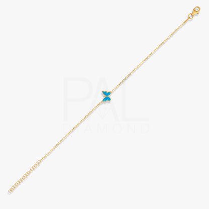 18k Solid Gold Butterfly Bracelet, 14k Gold Blue Butterfly Bracelet, Colorful Enamel Handmade Gold Bracelet, Dainty Real Gold Bracelet