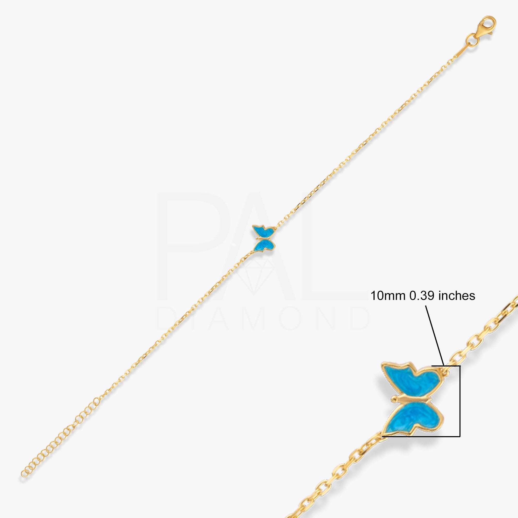 18k Solid Gold Butterfly Bracelet, 14k Gold Blue Butterfly Bracelet, Colorful Enamel Handmade Gold Bracelet, Dainty Real Gold Bracelet