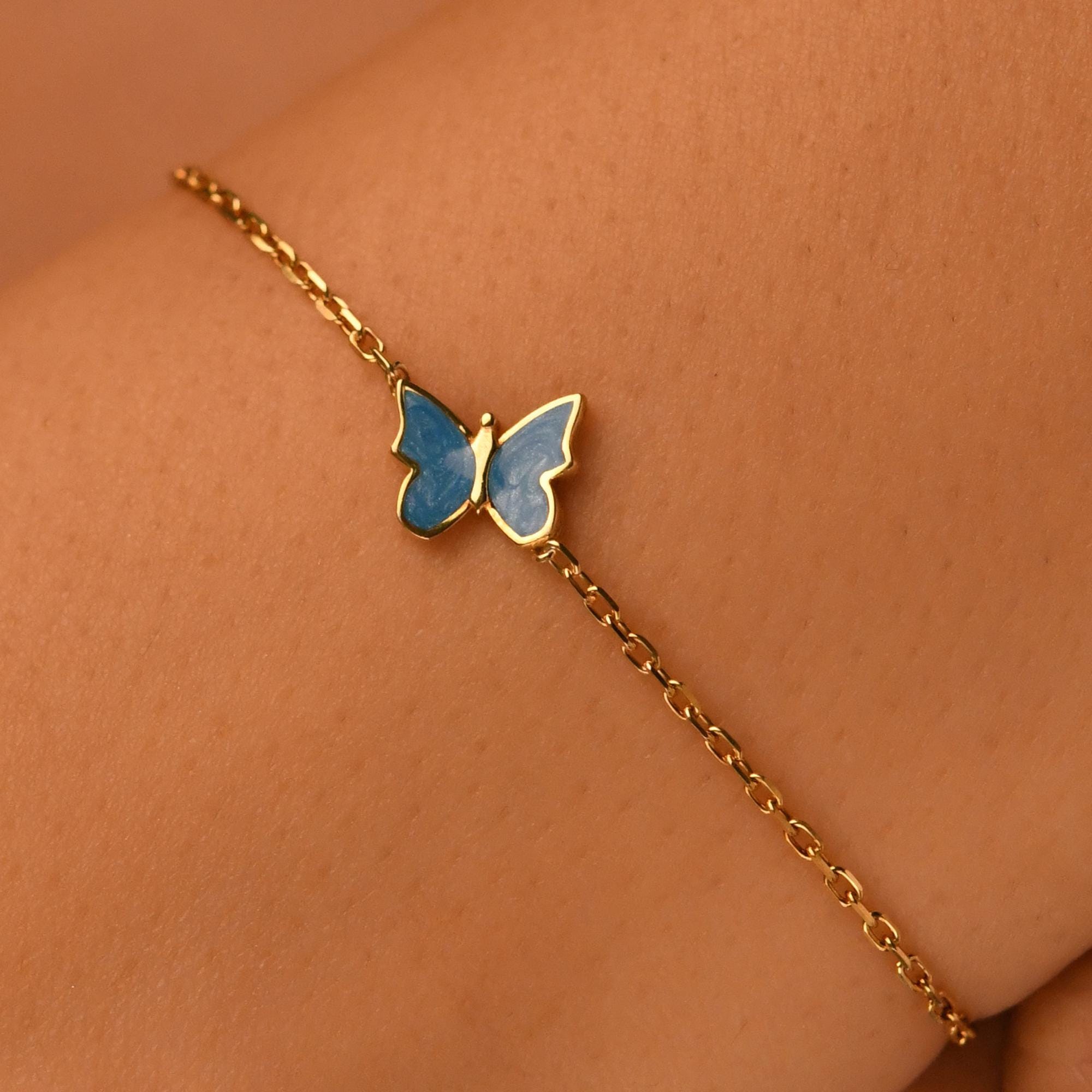 18k Solid Gold Butterfly Bracelet, 14k Gold Blue Butterfly Bracelet, Colorful Enamel Handmade Gold Bracelet, Dainty Real Gold Bracelet