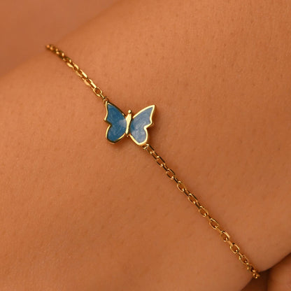 18k Solid Gold Butterfly Bracelet, 14k Gold Blue Butterfly Bracelet, Colorful Enamel Handmade Gold Bracelet, Dainty Real Gold Bracelet