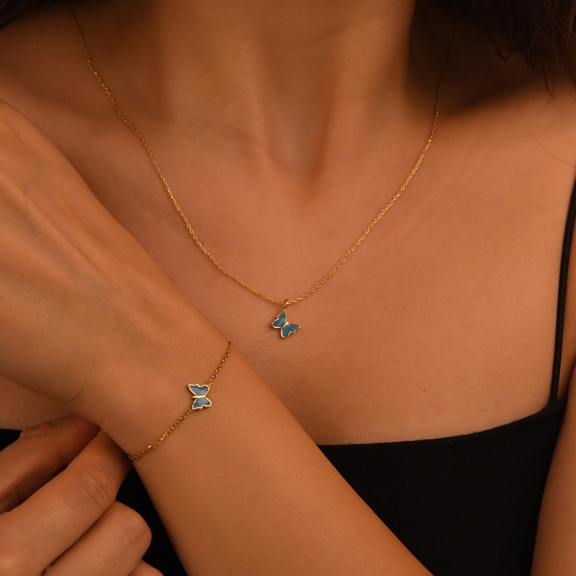 18k Solid Gold Butterfly Bracelet, 14k Gold Blue Butterfly Bracelet, Colorful Enamel Handmade Gold Bracelet, Dainty Real Gold Bracelet