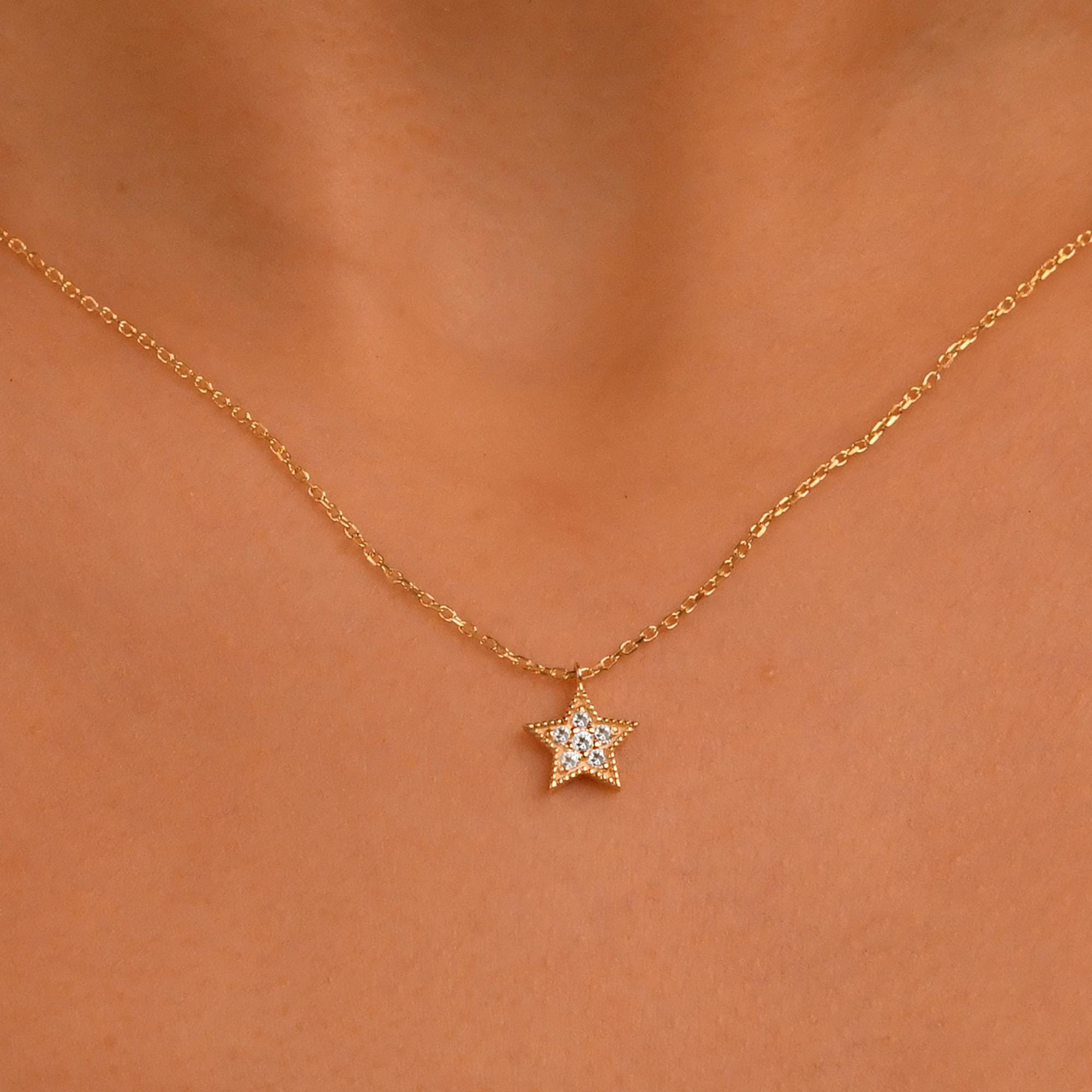 18k Diamond Star Necklace, 14k Gold Star Necklace, Diamond Star Charm Pendant, Solid Gold Diamond Celestial Necklace, Gift Diamond Necklace