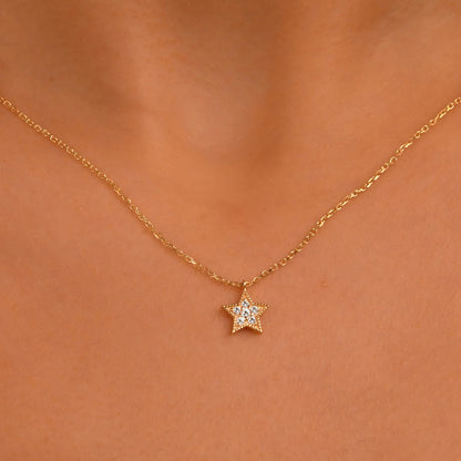 18k Diamond Star Necklace, 14k Gold Star Necklace, Diamond Star Charm Pendant, Solid Gold Diamond Celestial Necklace, Gift Diamond Necklace
