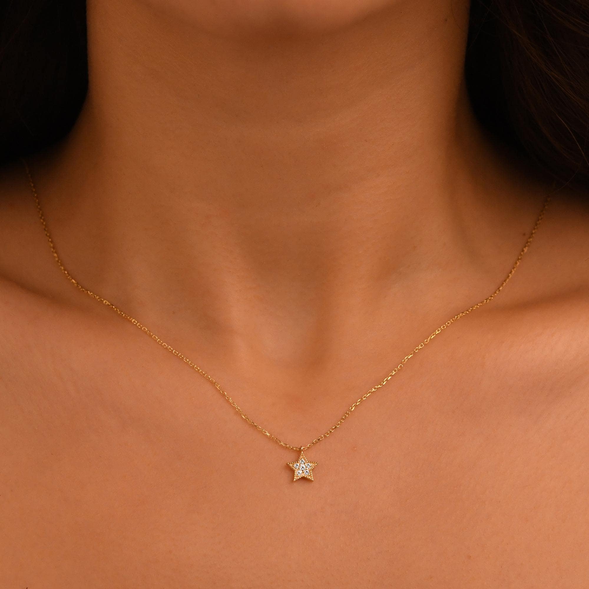 18k Diamond Star Necklace, 14k Gold Star Necklace, Diamond Star Charm Pendant, Solid Gold Diamond Celestial Necklace, Gift Diamond Necklace