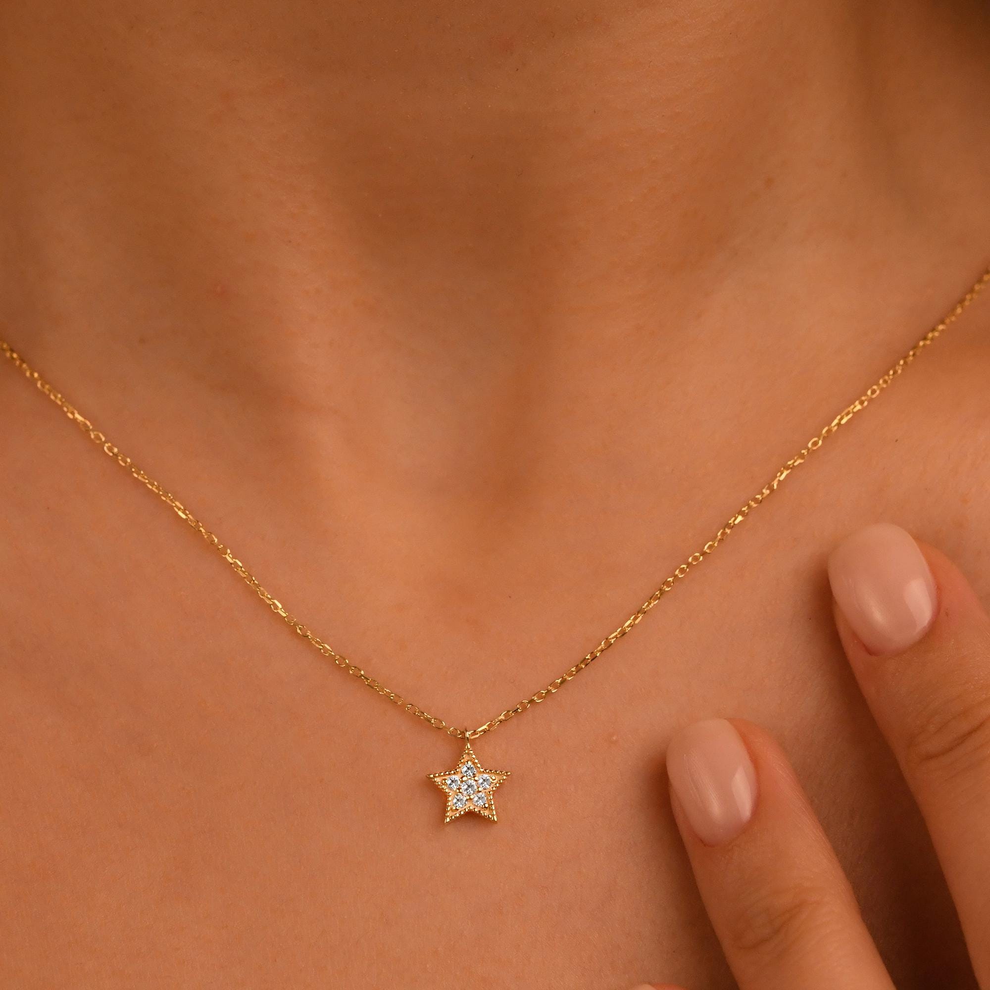 18k Diamond Star Necklace, 14k Gold Star Necklace, Diamond Star Charm Pendant, Solid Gold Diamond Celestial Necklace, Gift Diamond Necklace