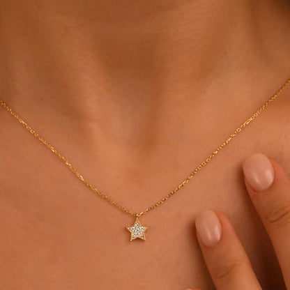 18k Diamond Star Necklace, 14k Gold Star Necklace, Diamond Star Charm Pendant, Solid Gold Diamond Celestial Necklace, Gift Diamond Necklace