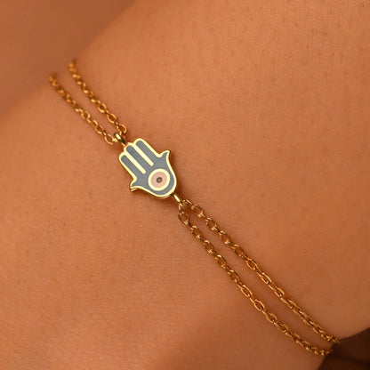 18k Hand of Fatima Bracelet, 14k Solid Gold Hamsa Bracelet, Gold Evil Eye Bracelet, Real Gold Enamel Good Luck Bracelet, Lucky Bracelet