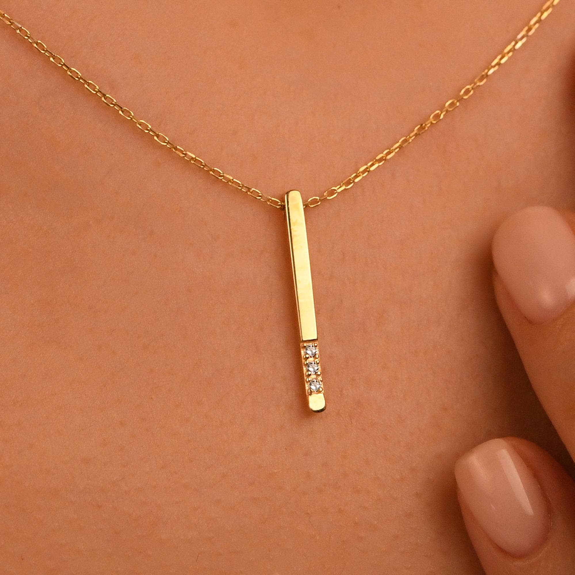 18k Big Size Diamond Bar Necklace, 14k Solid Gold Diamond Bar Necklace, Natural Diamond Rectangular Shaped Bar Necklace, Vertical Necklace