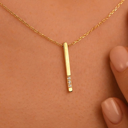 18k Big Size Diamond Bar Necklace, 14k Solid Gold Diamond Bar Necklace, Natural Diamond Rectangular Shaped Bar Necklace, Vertical Necklace