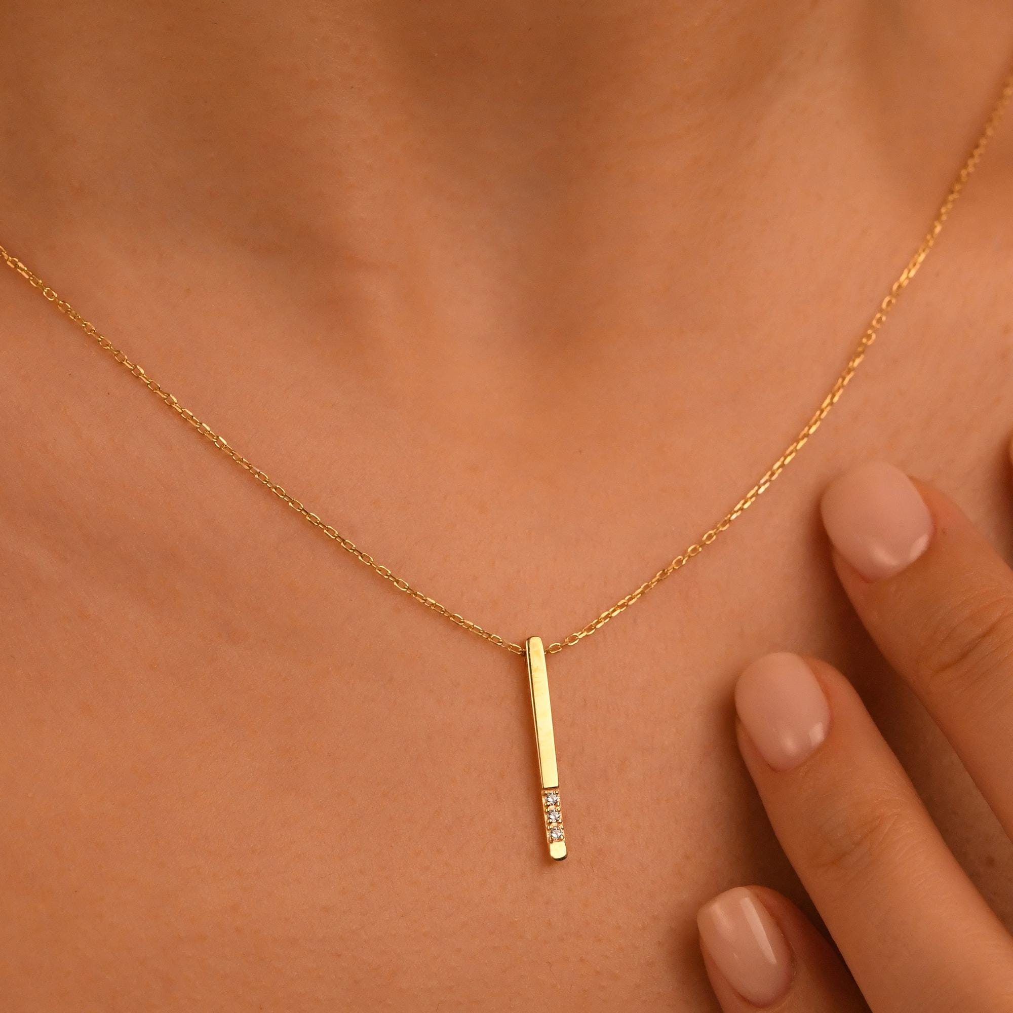 18k Big Size Diamond Bar Necklace, 14k Solid Gold Diamond Bar Necklace, Natural Diamond Rectangular Shaped Bar Necklace, Vertical Necklace