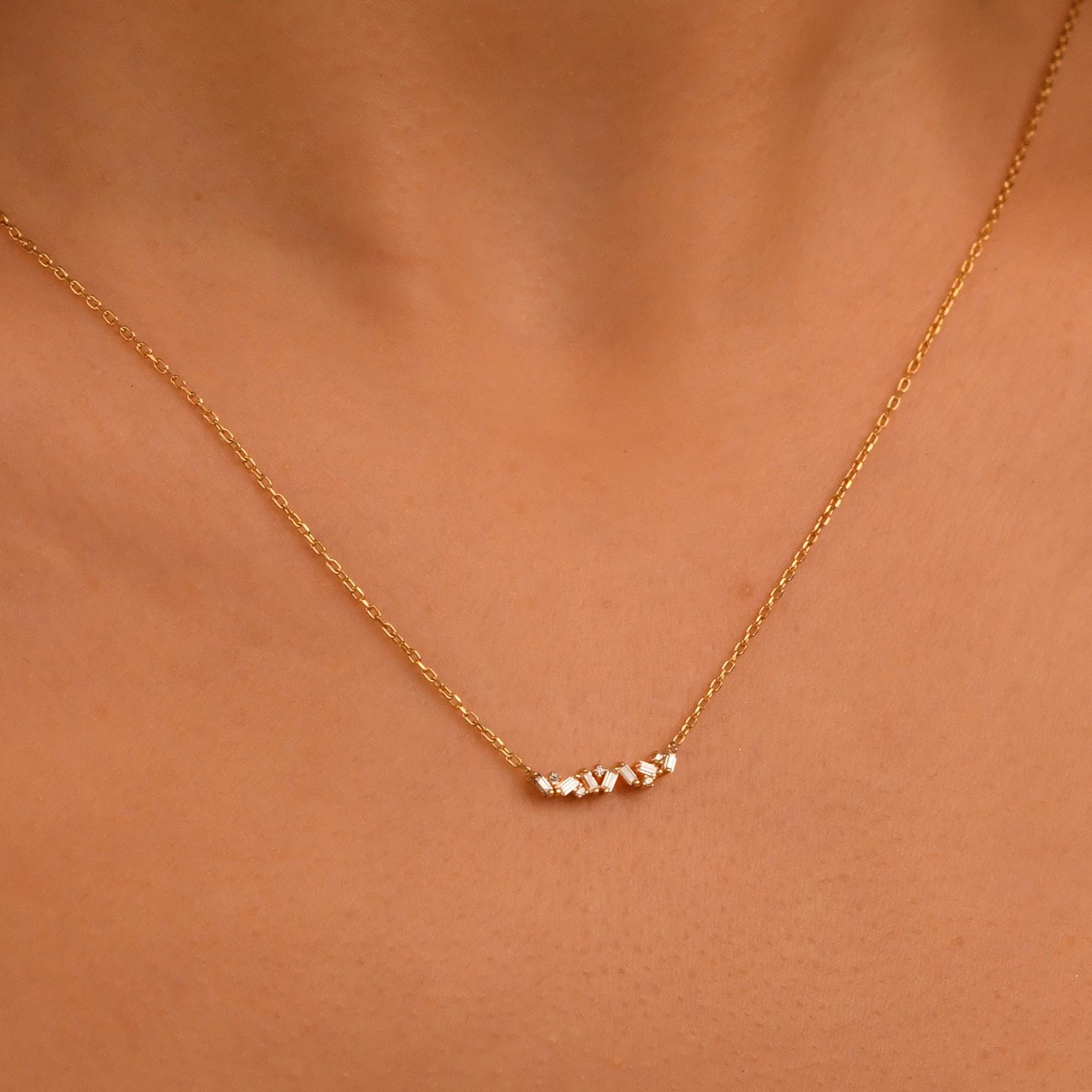 18k Solid Gold Cluster, Daily Diamond Necklace, 14k Diamond Baguette Necklace, Baguette and Round Diamond Necklace, Dainty Cluster Necklace