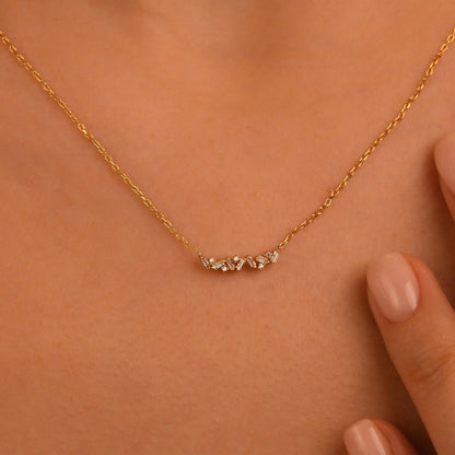 18k Solid Gold Cluster, Daily Diamond Necklace, 14k Diamond Baguette Necklace, Baguette and Round Diamond Necklace, Dainty Cluster Necklace