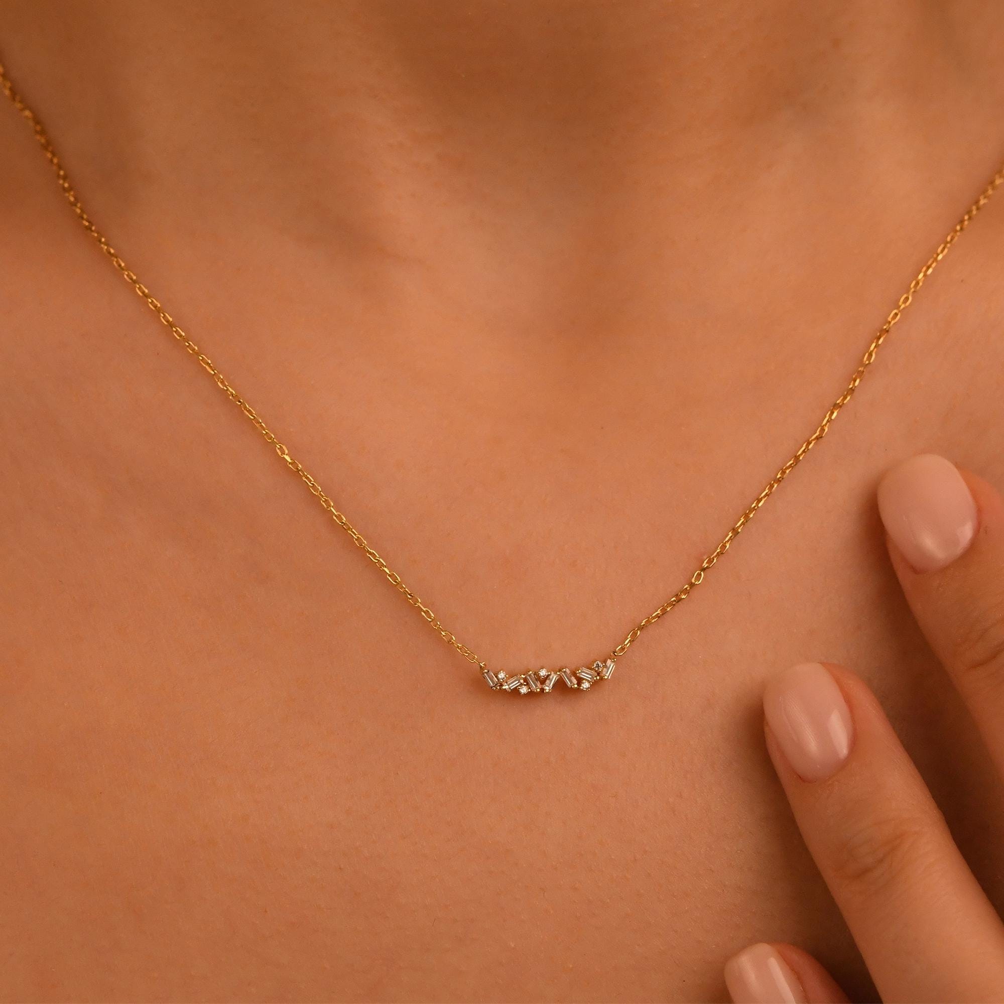 18k Solid Gold Cluster, Daily Diamond Necklace, 14k Diamond Baguette Necklace, Baguette and Round Diamond Necklace, Dainty Cluster Necklace