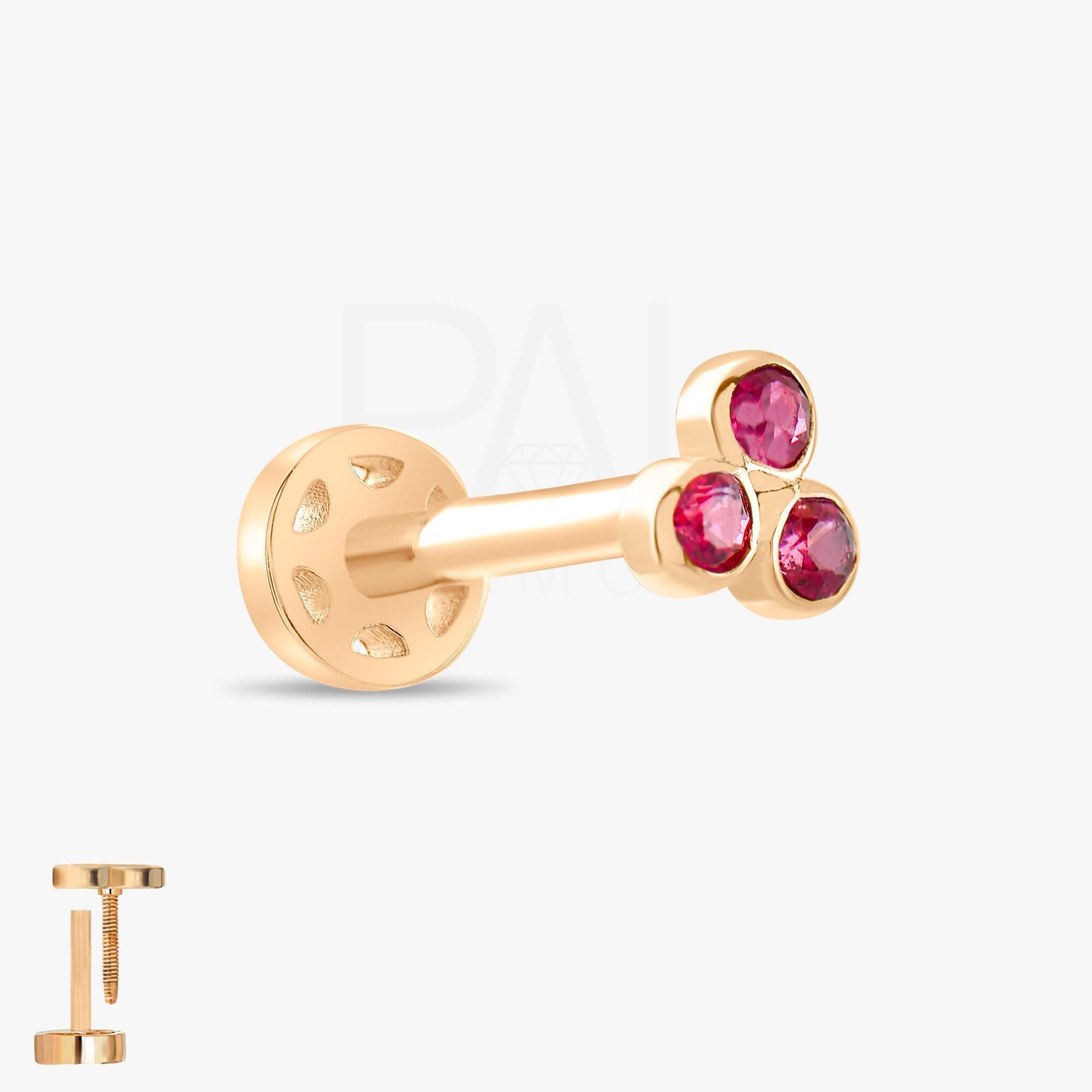 18k Gold Tragus Piercing, 14k Solid Gold Gold Tragus Piercing with Ruby Stone, Cartilage Tragus Piercing, Ruby Cartilage Tragus Earrings