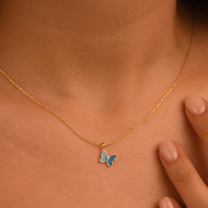 18k Solid Gold Butterfly Necklace, 14k Enamel Butterfly Gold Necklace, Dainty Butterfly Necklace, Butterfly Pendant, Daily Butterfly Pendant