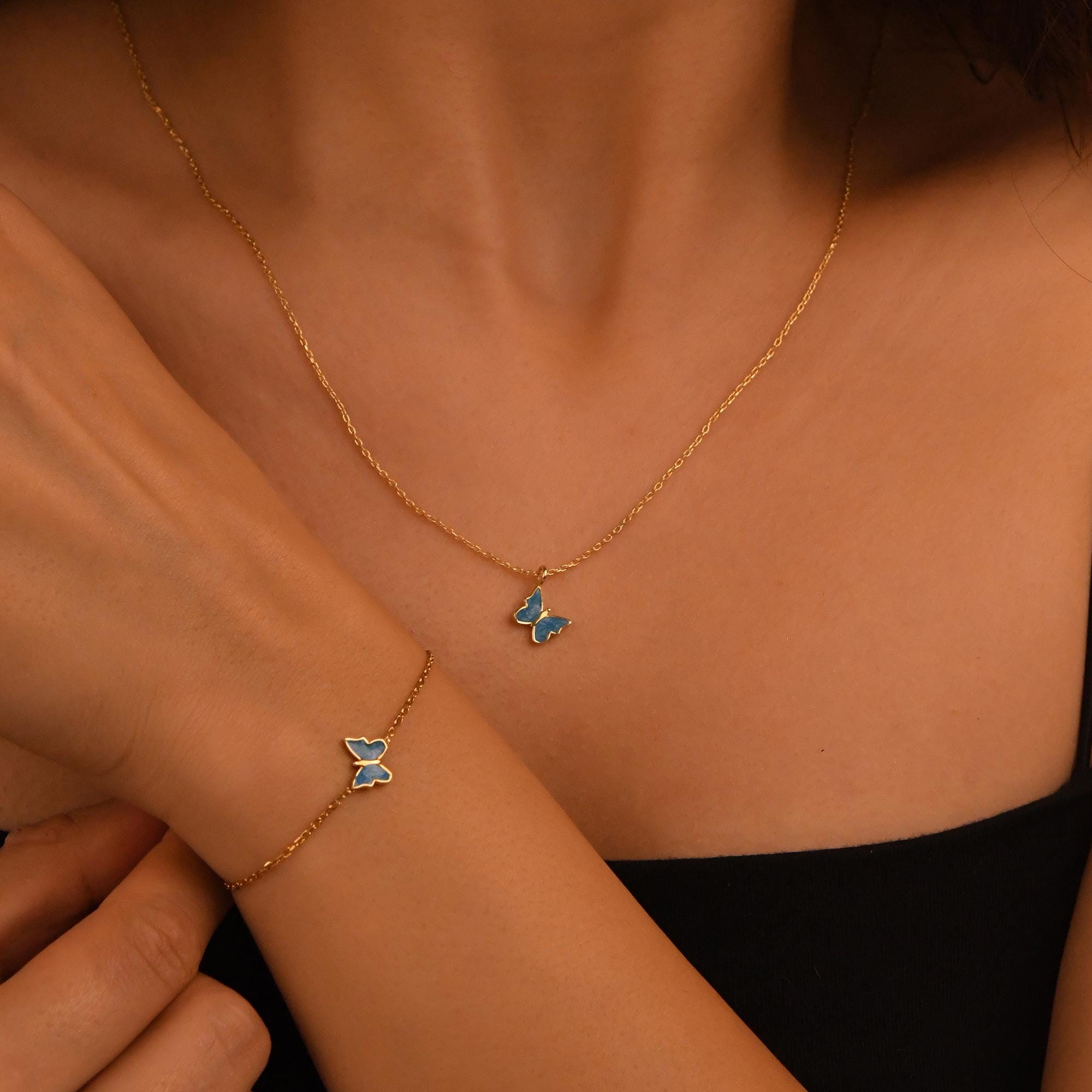 18k Solid Gold Butterfly Necklace, 14k Enamel Butterfly Gold Necklace, Dainty Butterfly Necklace, Butterfly Pendant, Daily Butterfly Pendant