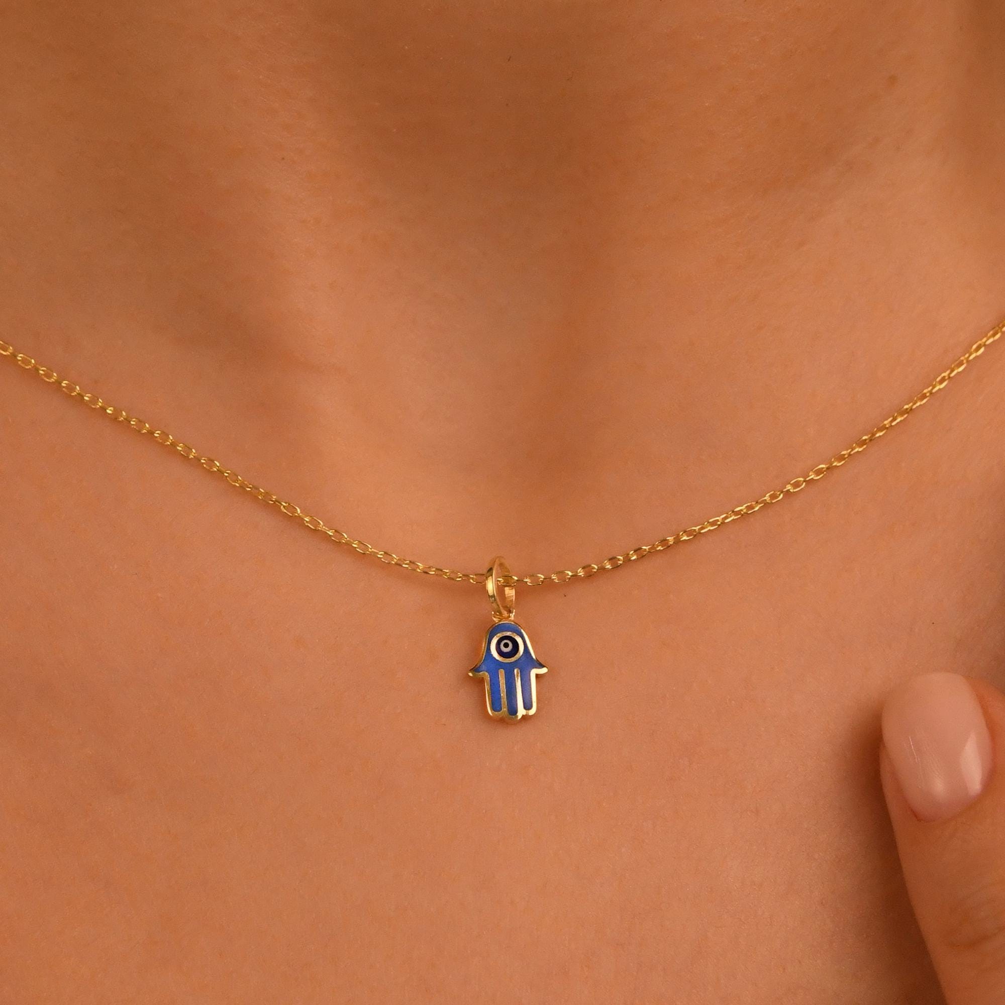 18k Hamsa Necklace, 14k Solid Gold Evil Eye Hamsa Necklace, Hand of Fatima Necklace, Gold Fatima Pendant, Good Luck Necklace Jewelry